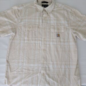 Carhartt Men’s Plaid Button Down Shirt Loose Fit Large Beige Workwear Pocket